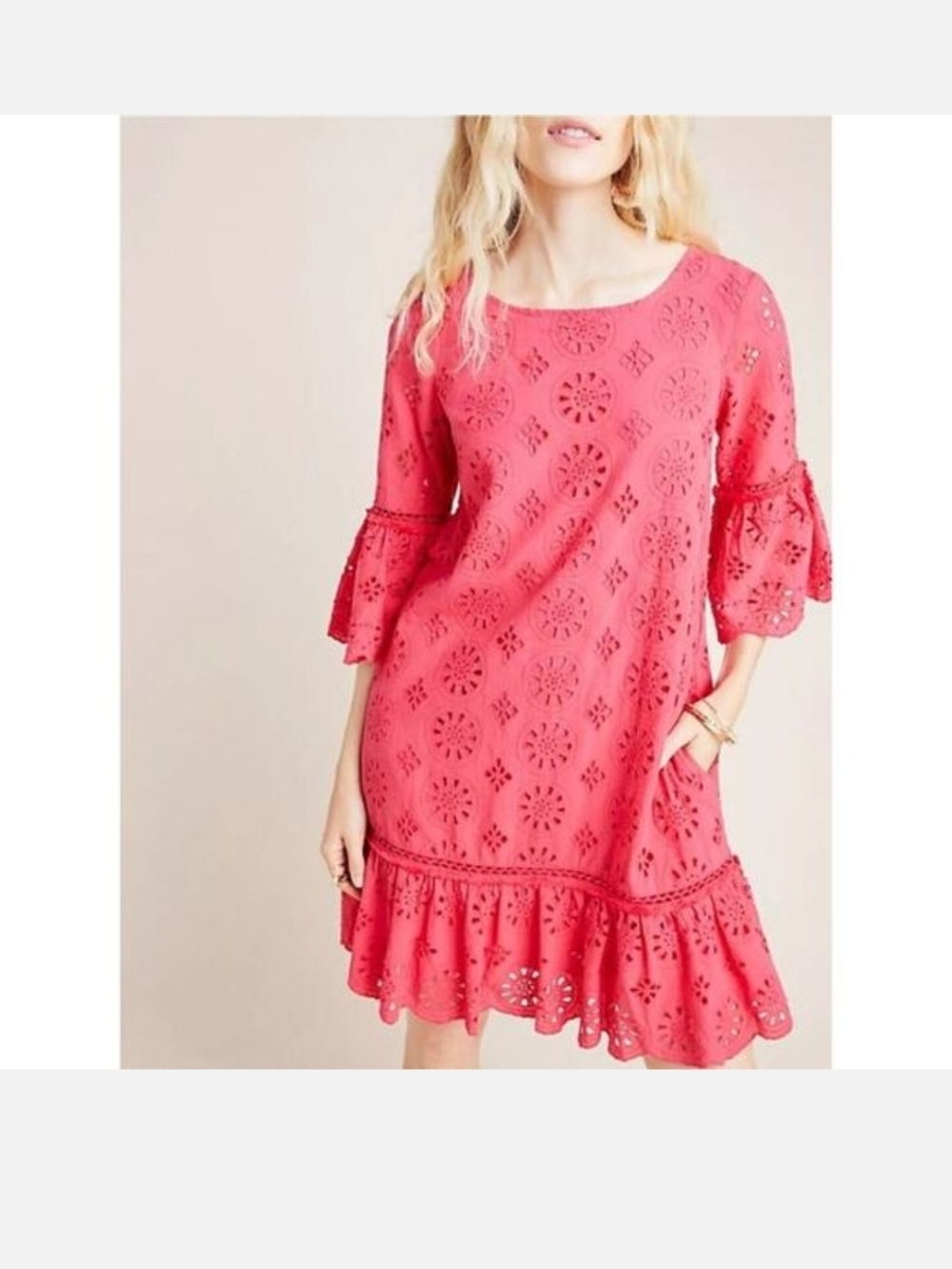Anthropologie Dani Lace Pink Eyelet Dress Size 14